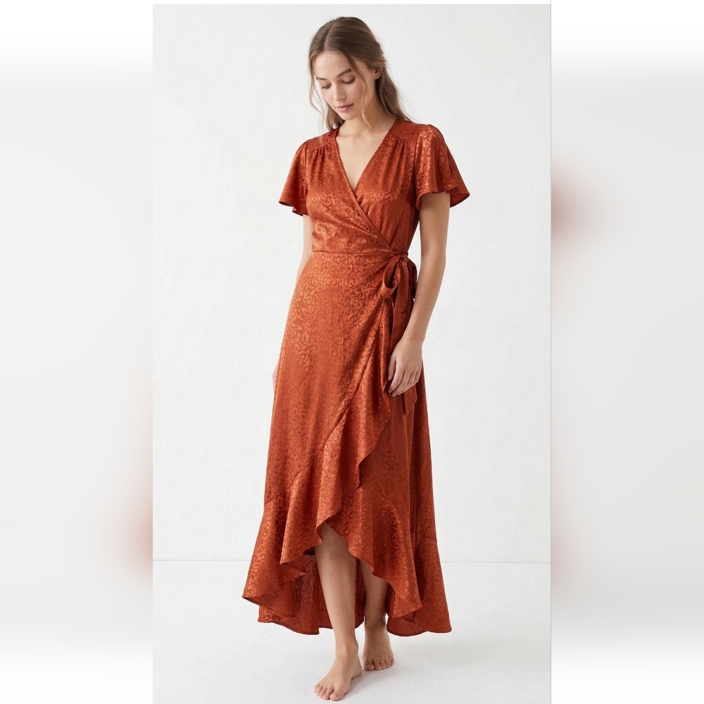 Altar'd State Dress Rust Orange Floral Satin Maxi Ruffle Boho L